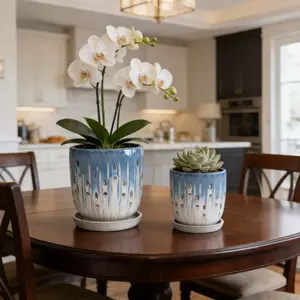 ARCH Handmade Blue-White Gradient Ceramic Planter Set (7.48"*8.07" & 5.51"*6.1"), Indoor/Outdoor Flower Pot for Orchids, Succulents on Windowsill, Breathable with Drainage Holes