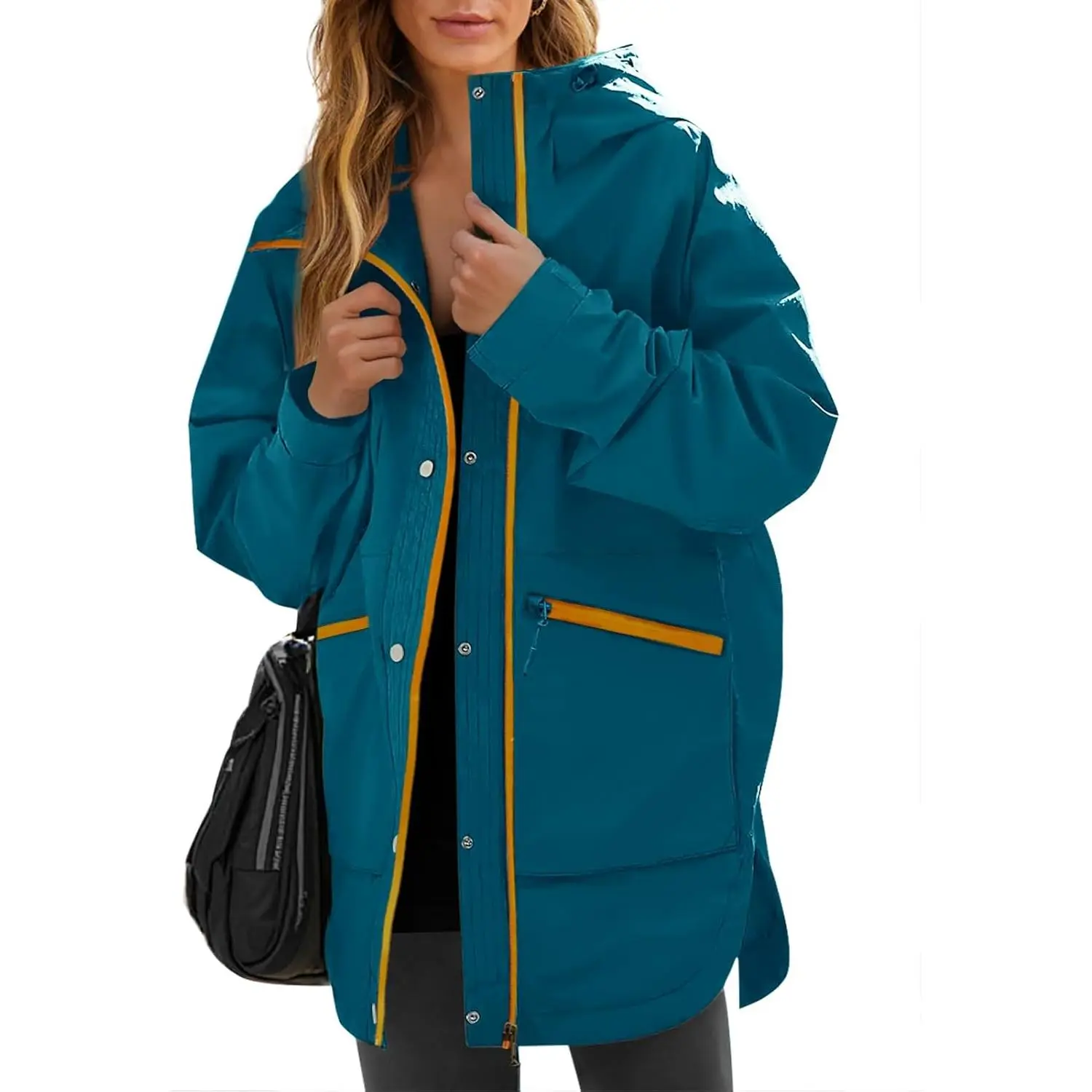 Women's Waterproof Long Rain Jacket, Hooded Trench Coat with Pockets, Windproof for Outdoor Hiking and Streetwear, Lady, Alternative Streetwear Women's Trench & Rain Jacket, Casual, Outerwear, Tops, Daily Wear Jackets