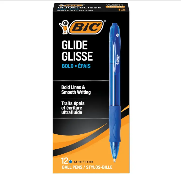 BIC Glide Bold Blue Ballpoint Pens, Bold Point (1.6mm), 12-Count Pack, Retractable Ballpoint Pens With Comfortable Full Grip