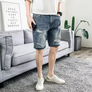 Summer 2024 Men's Loose Fit Denim orts Tear Design Social Boy mid Waist Five Inch Trendy Casual Pure Color Dstring