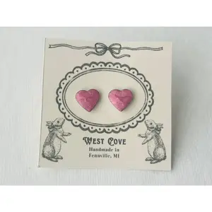 West Cove Pink Heart Earrings Handmade in Fennville MI Soft Pink Hue Decorative Card with Bow Detail Perfect for Easter