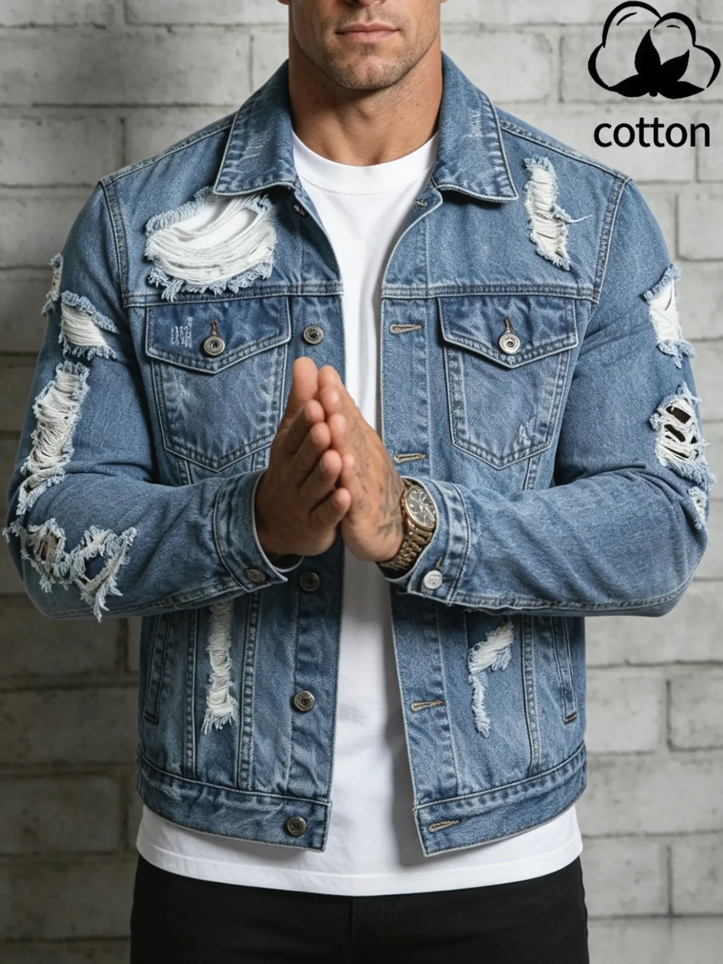 Men's Regular‑Fit Heavy‑Duty Distressed Ripped Denim Jacket, Vintage Light‑Wash Frayed Trucker Coat, Streetwear Casual Outerwear TikTokShopDealsforYouDays SummerWins