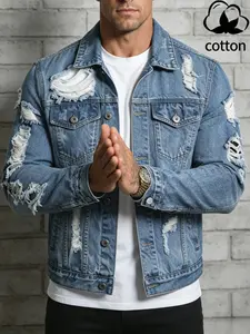 Men's Regular‑Fit Heavy‑Duty Distressed Ripped Denim Jacket, Vintage Light‑Wash Frayed Trucker Coat, Streetwear Casual Outerwear TikTokShopDealsforYouDays SummerWins