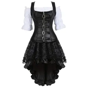 Steampunk Leather Corset Bustier Skirt Blouse Set 3 piece Buckle Corset Outfits Women suit 8104/6505/7056