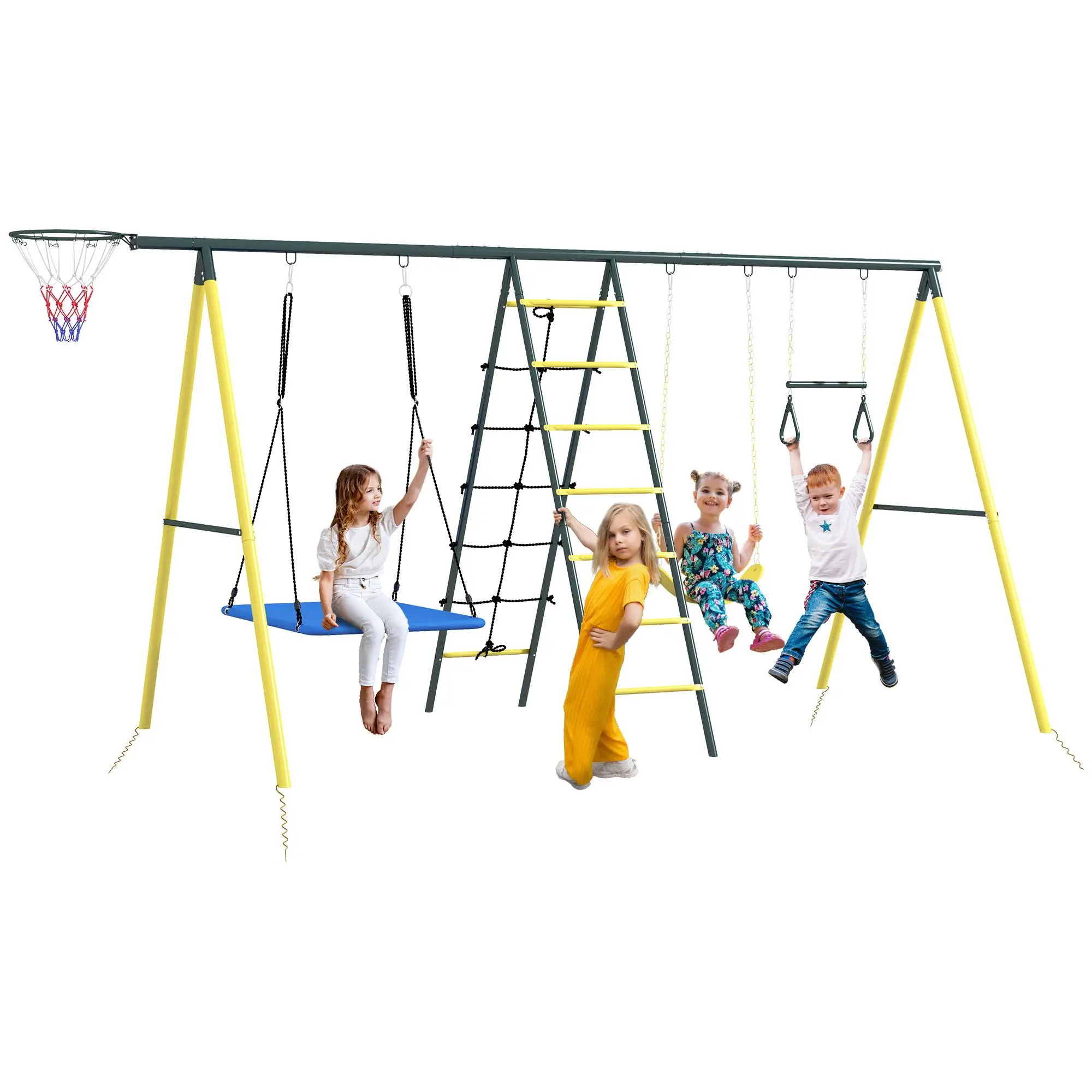 5 In 1, 2 Swings+Gym Rings+Climbing Net+BB Hoop 
