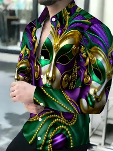 Men's Purple Green Gold Mardi Gras Mask Print Long Sleeve Button Down Shirt