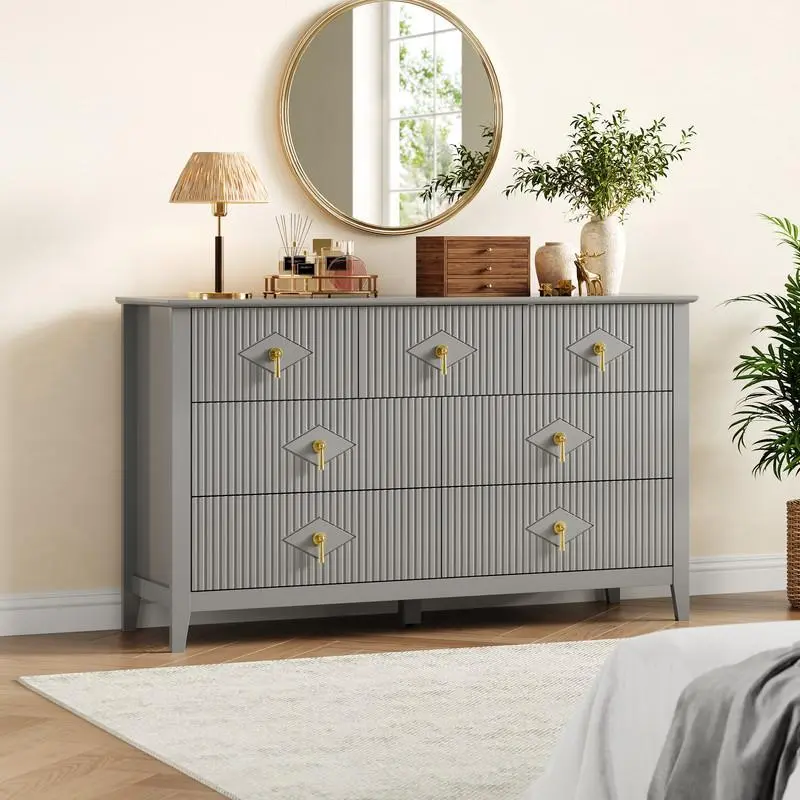7 Drawer Dresser for Bedroom, 54" Wide Modern Chest of Drawers with Metal Handle, Dresser TV Stand, Fluted Wood Drawer Organizer for Bedroom, Living Room, Hallway, Grey