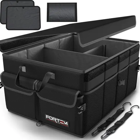 FORTEM Car Trunk Organizer, Collapsible Multi Compartment SUV Organizer, Foldable Storage for Car Accessories for Women Men, 600D Oxford, Non Slip Bottom, Securing Straps, Soft Cover