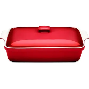 Stoneware Casserole Dish Bakeware Set with Lid, Covered Rectangular Dinnerware, Large 3.2 Quart, 11 by 9 Inch [Deep Red]