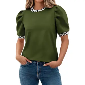 Tankaneo Womens Puff Short Sleeve Tops 2026 Summer Dressy Casual Crew Neck Work Blouses Leopard Loose Fit T Shirt