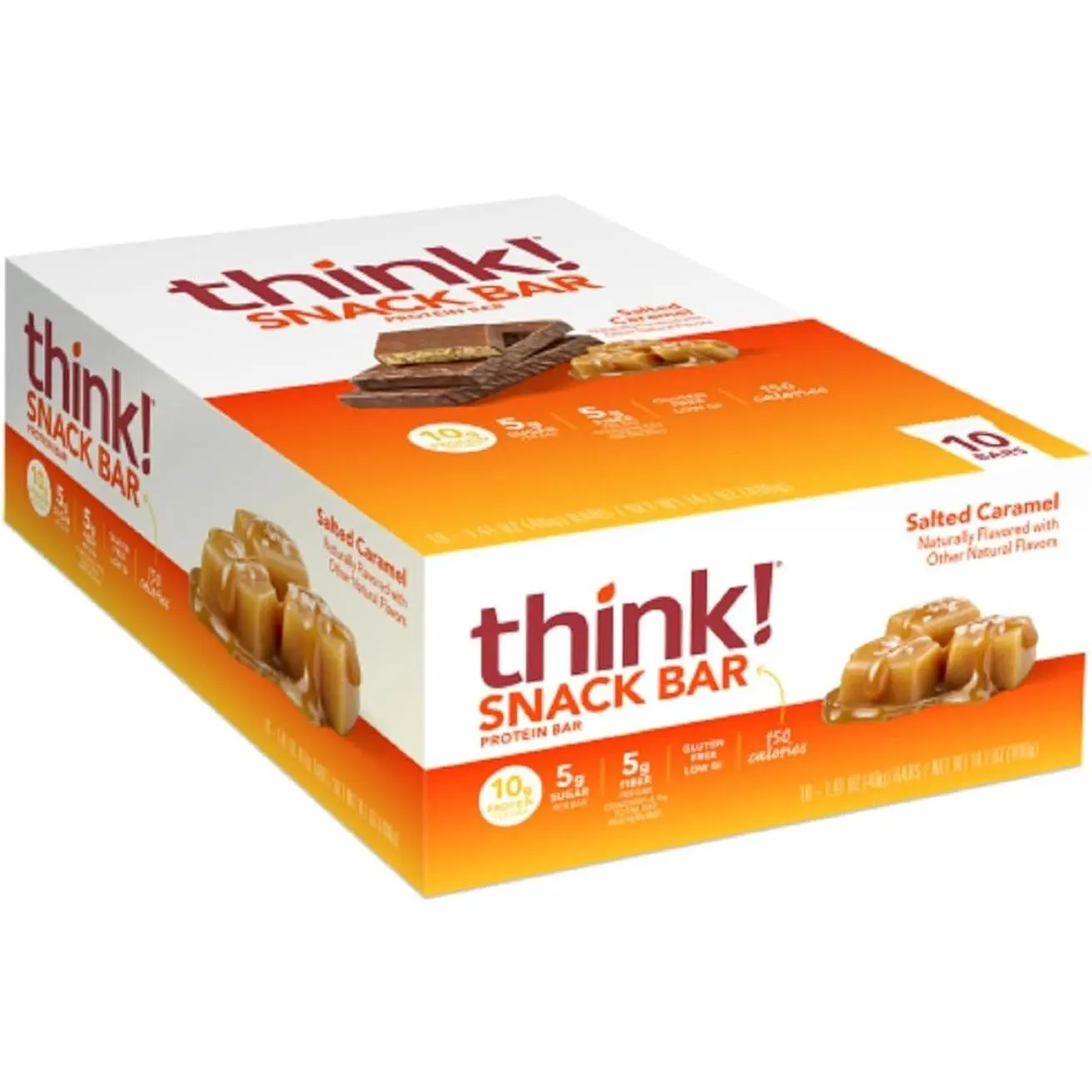 think! Protein Bars with Chicory Root for Fiber, Digestive Support, Gluten Free with Whey Protein Isolate, Salted Caramel, Snack Bars without Artificial Sweeteners, 1.4 Oz (10 Count)