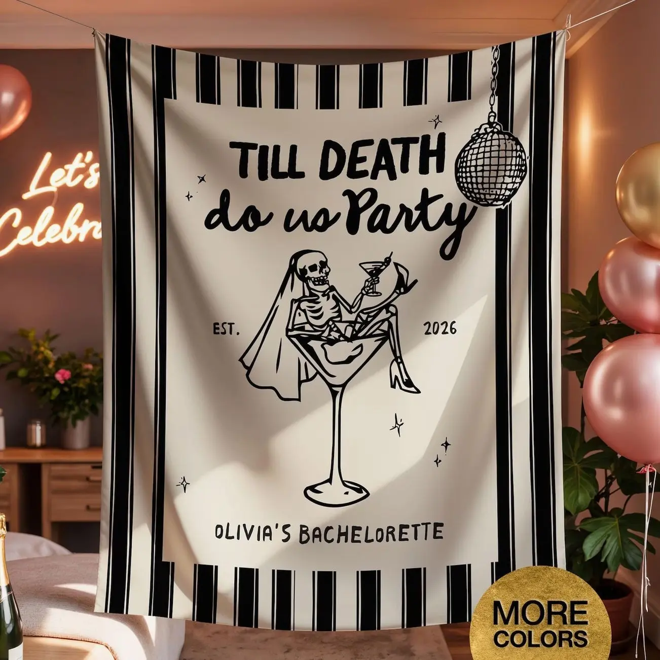 Personalized Till Death Do Us Party Bachelorette Banner Skeleton Halloween Sign Ghoul Bach Decor Bach Party Tapestry Disco Backdrop