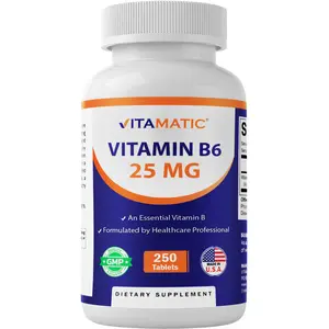 Vitamatic Vitamin B6 (Pyridoxine HCI), 25 mg 250 Vegetarian Tablets - Promotes Energy Production Healthcare Dietary