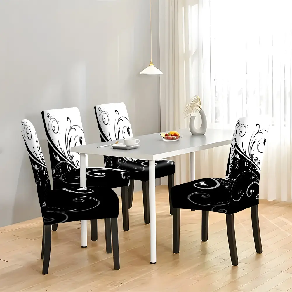 Black White Swirl Floral Dining Chair Covers, Modern Abstract Stretch Parsons Chair Slipcovers 4PC/6PC