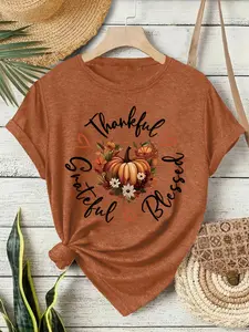 Women's Thanksgiving Pumpkin Print Vintage Casual Summer Top, Round Neck Short Sleeve T-Shirt, Comfortable Breathable Fit S-Xxl Womenswear