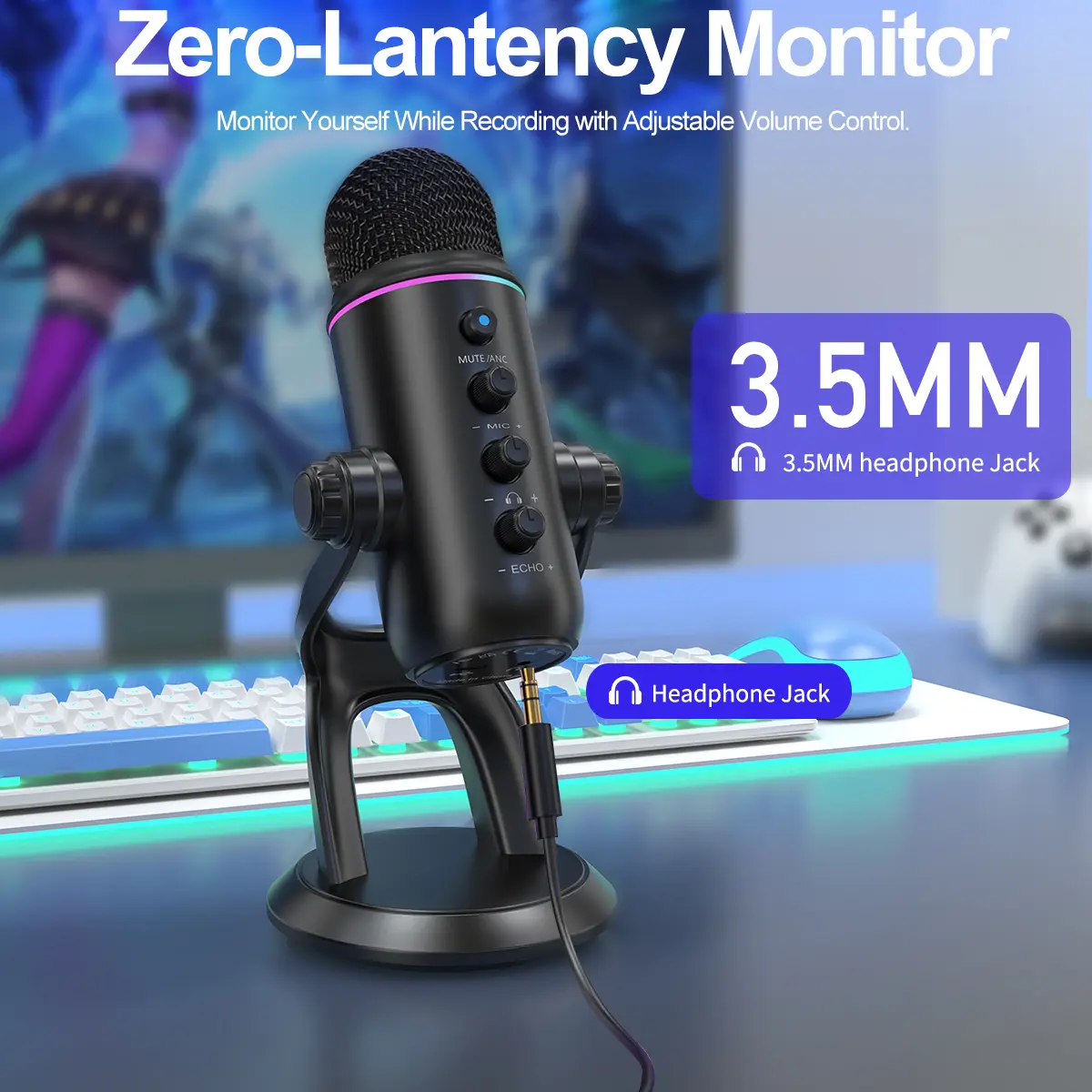 ZealSound Z5 RGB Condenser Microphone with Wired USB Type A Cable, Adjustable Desktop Stand - Noise Reduction, Mute Button, Headphone Jack, Plug-and-Play for Gamers' Content Creation on Mobile, Computer Devices, Recording, Rgb Lighting