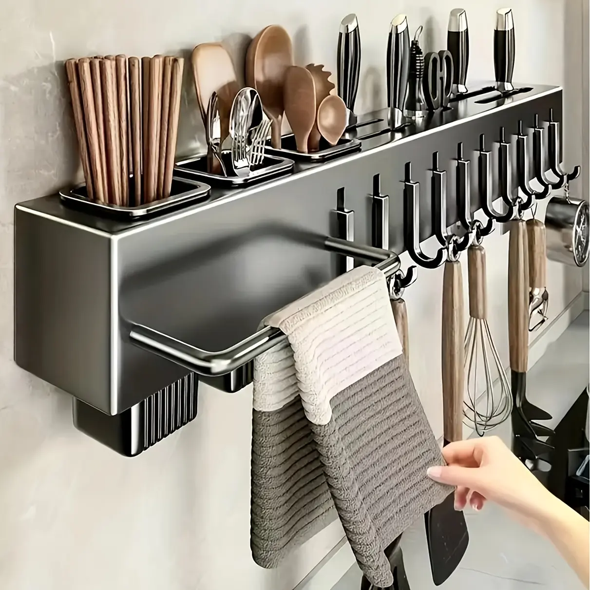 1-Piece Kitchen Knife Rack and Organizer with 4 Hooks - Wall-Mounted Knife, Cutting Board, and Utensil Holder - Space-Saving Storage Rack for A Neat and Tidy Kitchen
