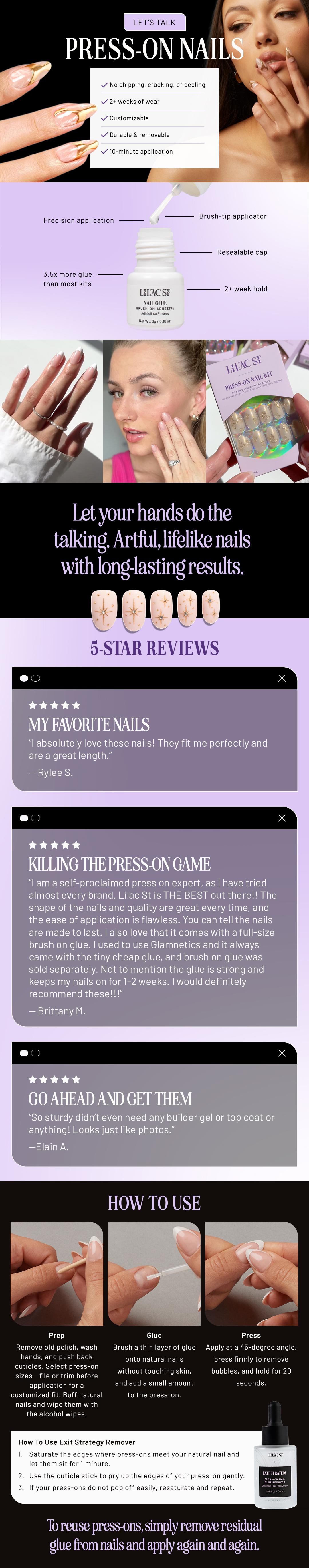 Lilac St Naturals Nail Collection - Natural Look Versatile Styles with Natural Ingredients for Everyday Use Press-On Nail Kit Almond Medium