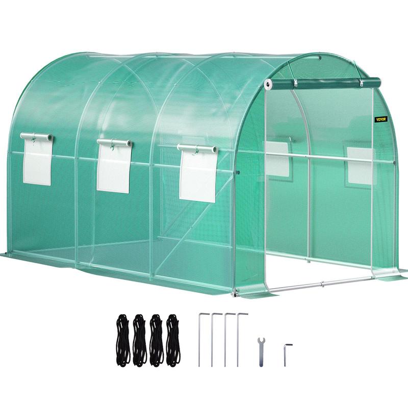 VEVOR Walk-in Tunnel Greenhouse, Portable Plant Hot House w/ Galvanized Steel Hoops, Top Beams, Diagonal Poles, Zippered Doors & Roll-up Windows
