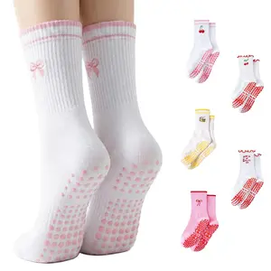 3/4Pairs Pilates Grip Socks for Women – Cute Ruffle Crew Yoga Socks with Embroidery Detail for Barre, Stretching and Fitness Training