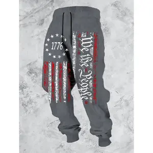 Men's patriotic 1776 flag and Declaration of Independence printed running pants - casual sports ankle pants with drawstring, machine washable polyester fiber, perfect for celebrating