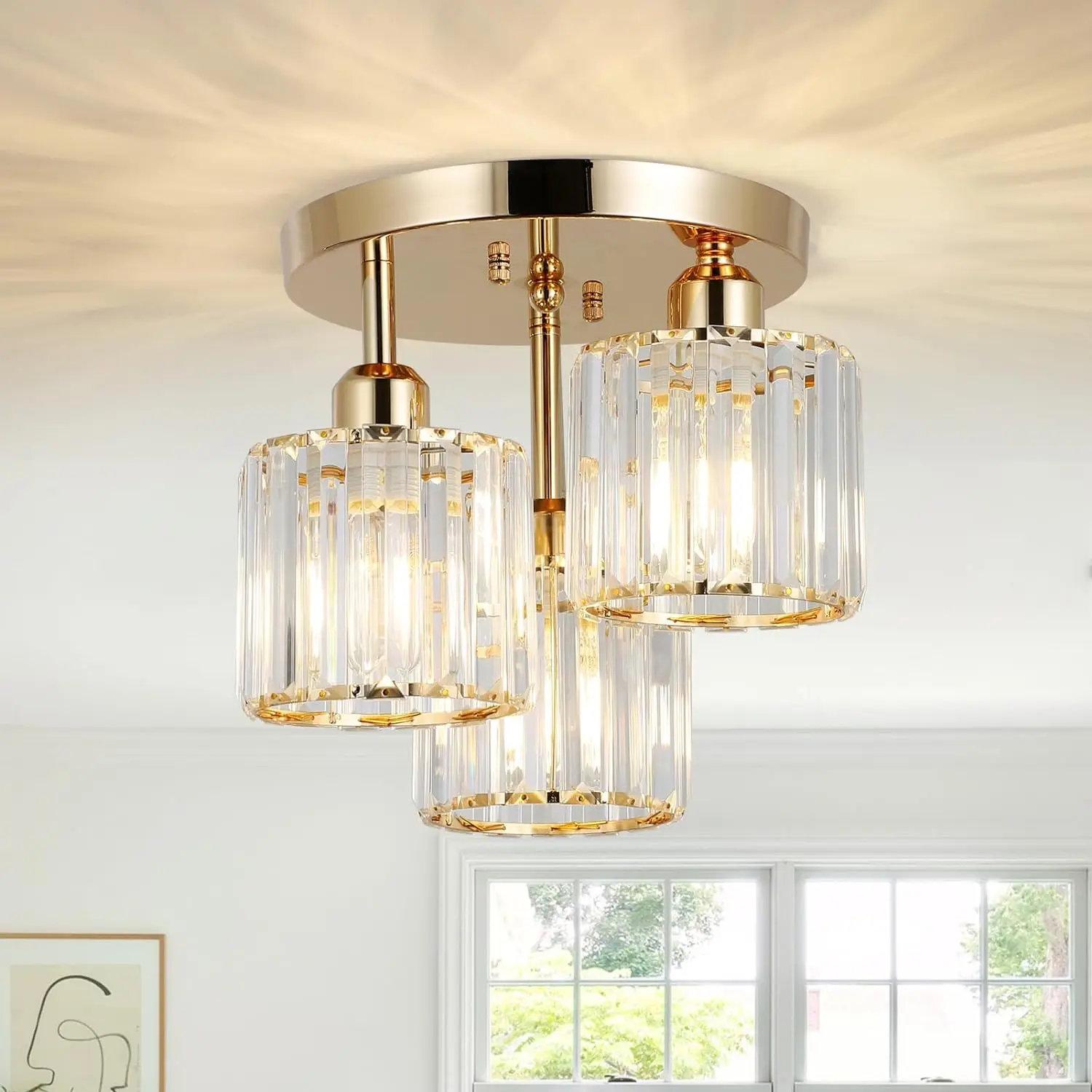 3-Light Crystal Semi Flush Mount Ceiling Light with Clear Prismatic Shade, Multiple Color Options