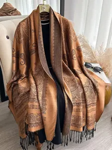 Elegant Paisley Pattern Scarf for Women, Boho Style Scarf, Fashion Beach Accessory and Bohemian Style Sunscreen Shawl, Multi-Functional All-Season Wrap, Tassel Decor Shawl, Fringe Trim Shawl