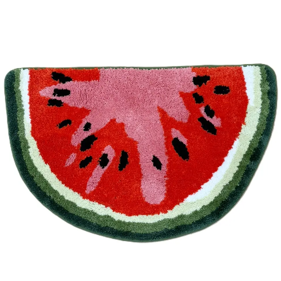 Cute Half Watermelon Slice Tufted Rug, Summer Fruit Shape Fluffy Absorbent Bath Mat, Soft Thick Microfiber Non-Slip Floor Carpet Vanity & Shower Room, Sweet Summer Themed Home Ornament, Washable Plush Area Rug for Teen Girls Room Decor Gift