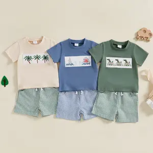 Toddler Baby Boy Summer Clothes Tree/Duck/Shark Short Sleeve Embroidery T-shirt Striped Shorts Set 2 Piece Summer Outfit