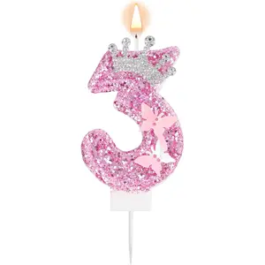 Number Birthday Candle, 3rd Third Three Glittery Crown Butterfly Sparkling Sequin Cake Topper Decorations for Birthday Party Wedding Anniversary Celebrations (Number 3)