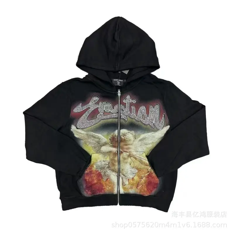 Mixed Emotion Angel Rhinestone Zip Up Hoodie - TikTok Shop