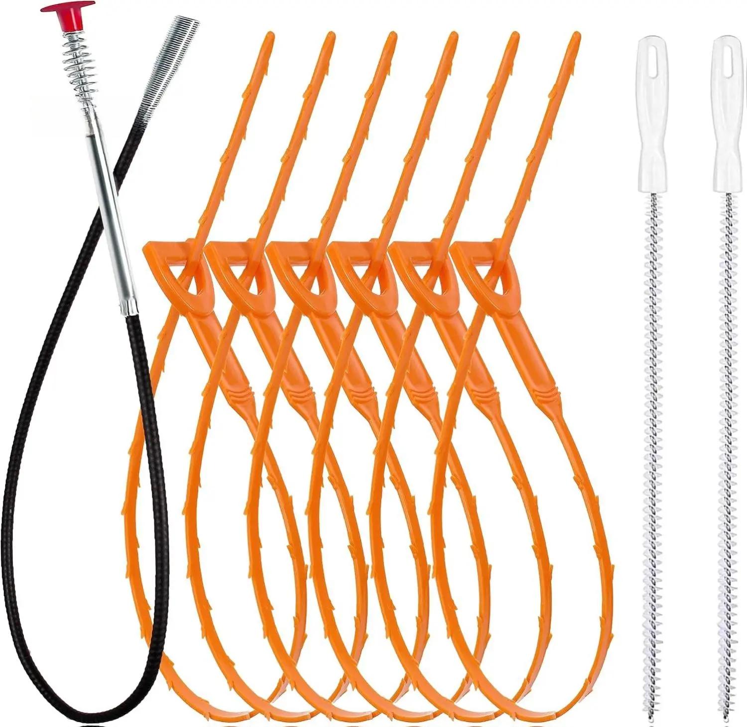 35.5inch Drain Clog Remover(1pcs), 25inch Drain Snake Hair Remover(6pcs) ＆ Cleaning Brush(2pcs), Hair Catcher Drain Auger Cleaner Tool Set For Toilet, Kitchen Sink, Bathroom Tub, Sewer, 9 Pack
