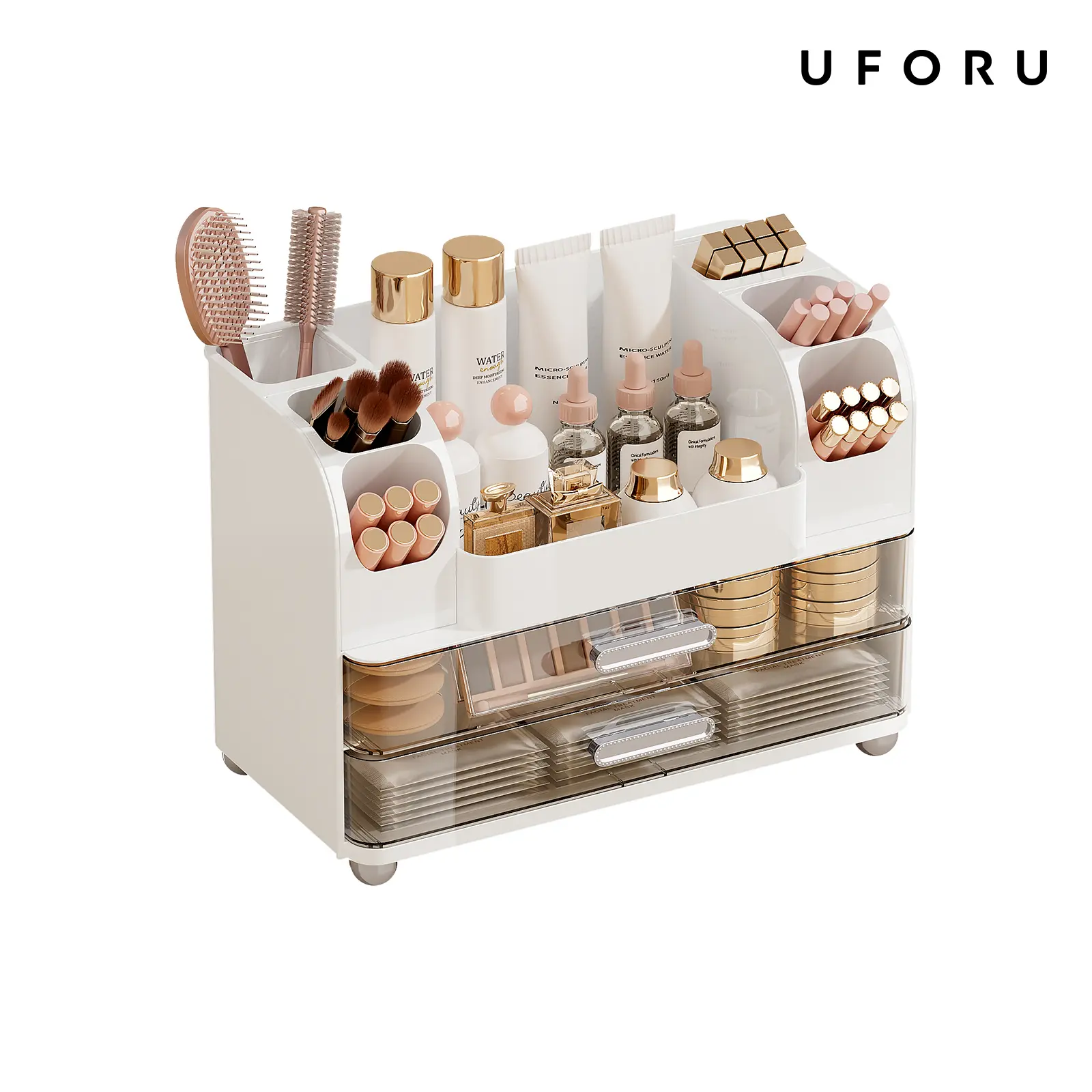UFORU makeup organizer for Vanity with 2 Large Drawers, Cosmetic Display Case with Brush Holders, Easy to Storage for Bathroom Countertop Skincare, Desk Office Supplies,Pink Boxes Gift, jewelry organizer