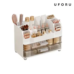 UFORU makeup organizer for Vanity with 2 Large Drawers, Cosmetic Display Case with Brush Holders, Easy to Storage for Bathroom Countertop Skincare, Desk Office Supplies,Pink Boxes Gift, jewelry organizer