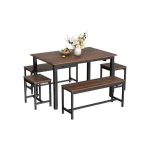 63 Inch 5 Piece Extendable Dining Table Set For 4 To 8 Modern Space Saving Kitchen Table With 2 Benches and 2 Stools Farmhouse Style Dining Room Furniture Set