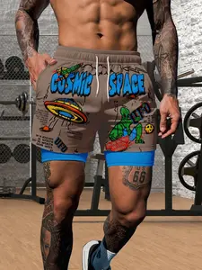 Men's Summer Two-Piece Beach Shorts, Alien Ship Print, Loose-Fit, Casual, Elastic, Hawaiian Style, Sporty, 2-In-1 Swim Trunks
