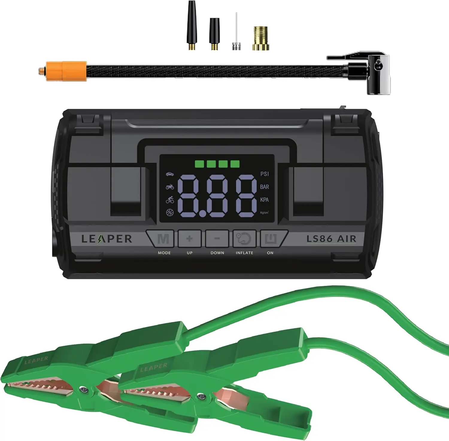 Leaper LS86 Air Jump Starter with 150 PSI Air Compressor, 20000mAh Power Bank, 3.6'' Digital Screen, Non-Polarized Green Clamps, UL QC18W Fast Charger, Protective Case