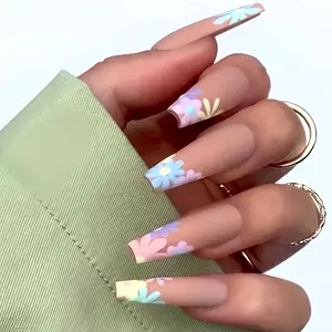 24pcs Coffin Long Fake Nail Colorful Flowers /French/color blocking  Press on Nails Tips for Women and Girls Nail Art Manicure Decoration