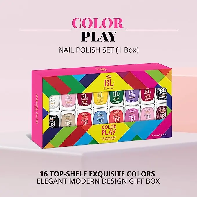 BEL London Color Play 16-Pack Mini Nail Lacquers Gift Set – 6 ml, Quick-Drying, High-Coverage, Smooth & Sparkly Manicure