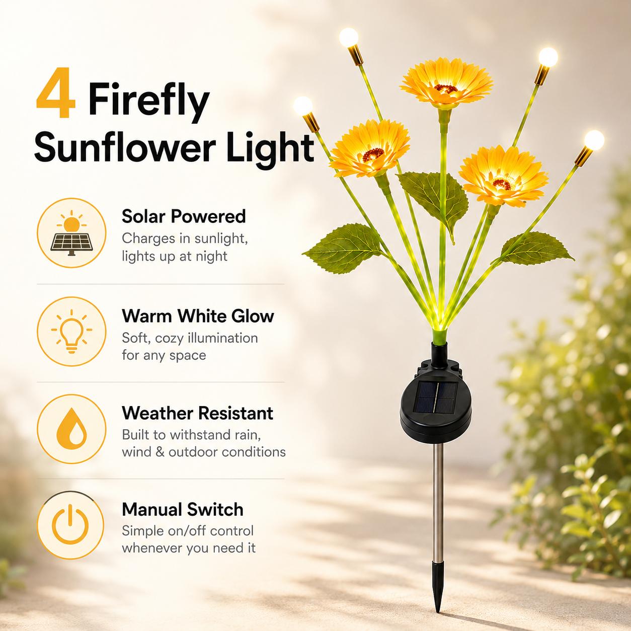 Solar Sunflower Look Decorative , 4-Head LED Solar-Powered Weather-Resistant Warm White Outdoor Landscape Stake  for Yard Patio Lawn Decor, Solar Decorative  motion angle wall butterfly flower Flickering Pumpkin Tea ip65 waterproof wide angle outdoor