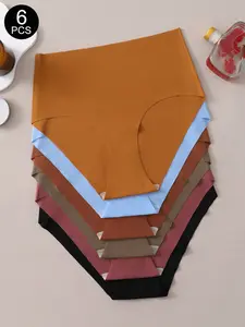 6PCS Women's Plain Comfortable Breathable Smooth High Elastic Wave Hem Seamless Triangle Panties, Casual All Seasons Underwear Fit