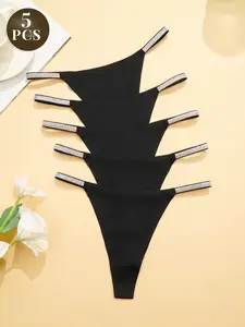 Five-Pack Sexy Casual Women's Thong Underwear, Panties, Plain Slim-Fitting Design, All-Season Comfortable Lingerie