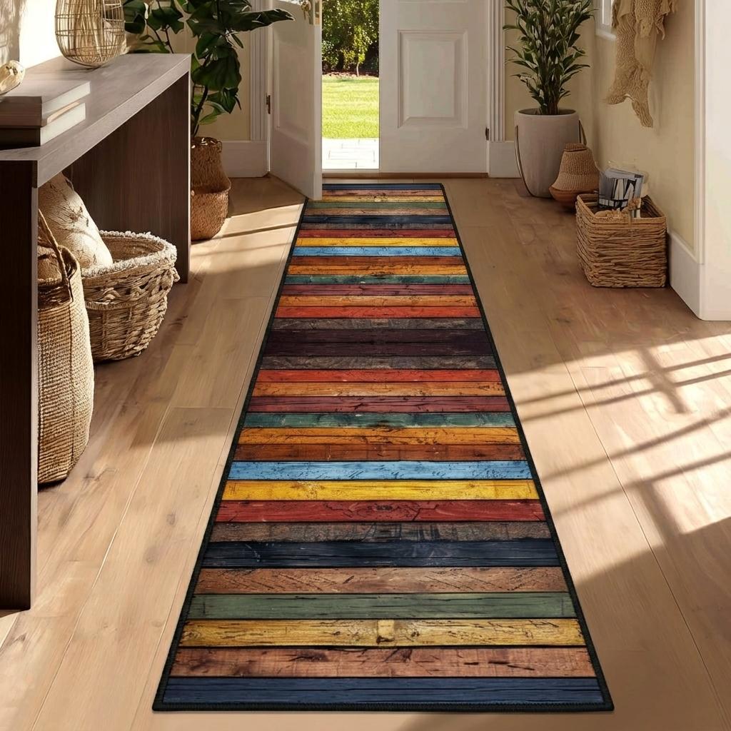 2x10 Colorful Rustic Wood Runner Rug – Washable Non-Slip Kitchen Rug, Soft Low Pile Carpet Perfect for Hallway, Laundry & Pet-Friendly Homes