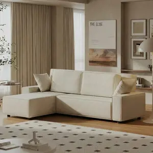 Garvee Striped Corduroy 96 Inch Extra Large Sectional Sofa, L Shaped Contemporary Couch with Deep Seating, Comfortable Sofa for Living Room, Apartment, Mall, Corduroy Beige