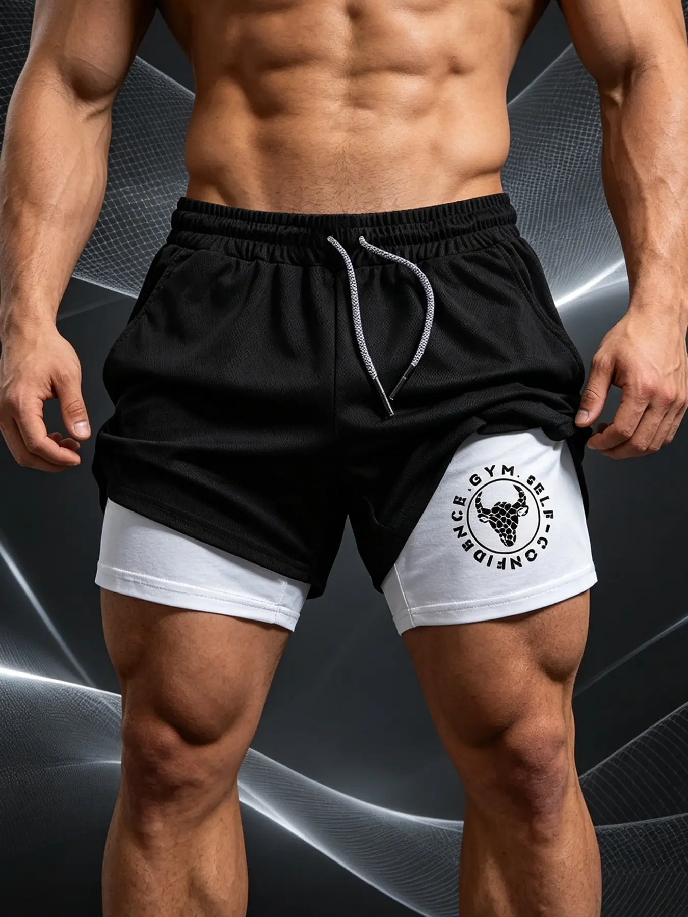 Quick Dry Running Double Layer Shorts for Men - Gym Self Confidence Bull Printed Athletic Training Shorts with Compression Liner & Phone Pockets