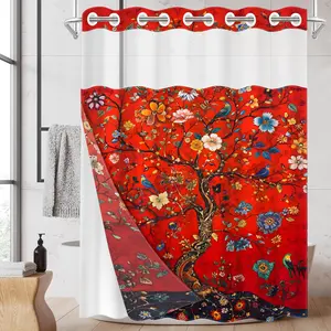 1PC 2D Flat Floral Tree of Life Pattern Double-Layer Woven Shower Curtain (No Hooks), Transparent Top Window, Removable Liner with Clips, Modern and Unique Home Bathroom Partition Art Decoration, Bathroom Decor, Holiday Decoration