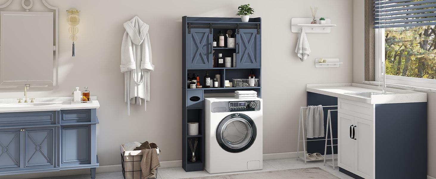 Vabches Wood Over The Toilet Storage Cabinet with Sliding Barn Doors, Farmhouse Bathroom Space Saver Organizer for Small Bathroom Laundry Room