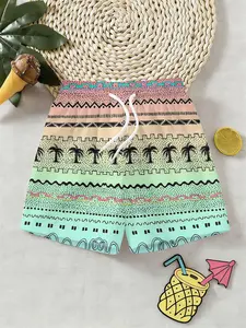 Boys' 3D Printed Beach Pants, Macaron Stripe Coconut Tree Pattern, Casual Fitted Knee Length, Birthday Gift, Holiday Gift