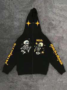 Men's Skeleton & Letter Print Zip Up Gothic Printed Hoodie, Regular Fit Casual Cartoon Graphic Long Sleeve Hooded Sweatshirt for Fall & Winter, Men's Clothes for Daily Wear, Halloween
