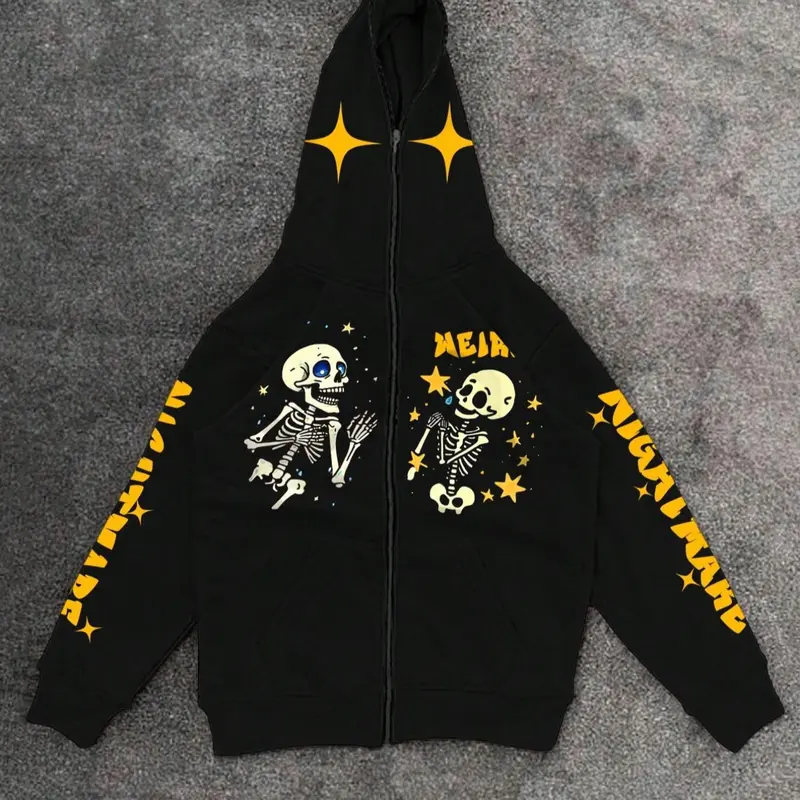 Men's Skeleton & Letter Print Zip Up Gothic Printed Hoodie, Regular Fit Casual Cartoon Graphic Long Sleeve Hooded Sweatshirt for Fall & Winter, Men's Clothes for Daily Wear, Halloween, Gothic Style Hoodie Printed Hoodies